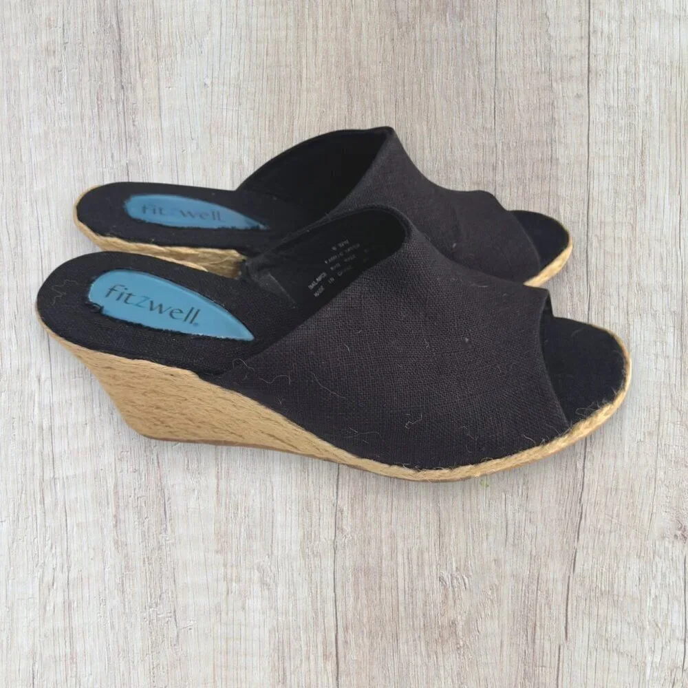 NEW FITZWELL Black Slip On Slide Espadrille Wedge Peep Toe Sandals Jute 8 WW